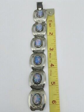Vintage 1950s Mexican Alpaca Panel Link Bracelet, Faux Foil Opal Dragon's Breath